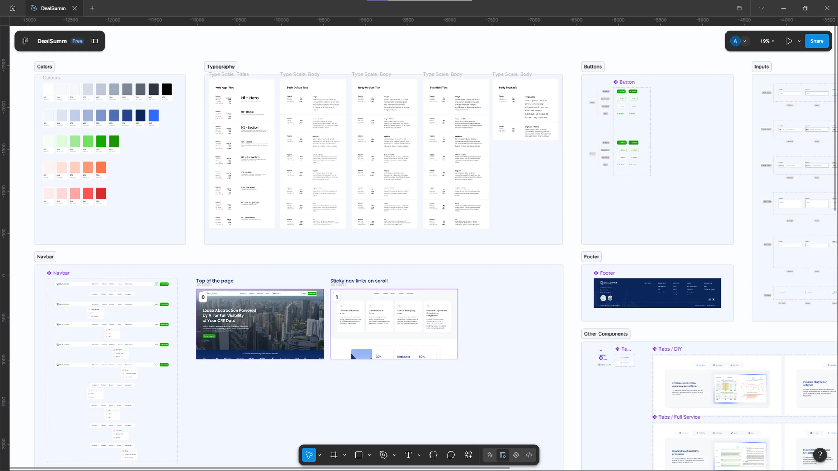 A Figma page with the colour tokens, the type scale per breakpoint and the button and input states