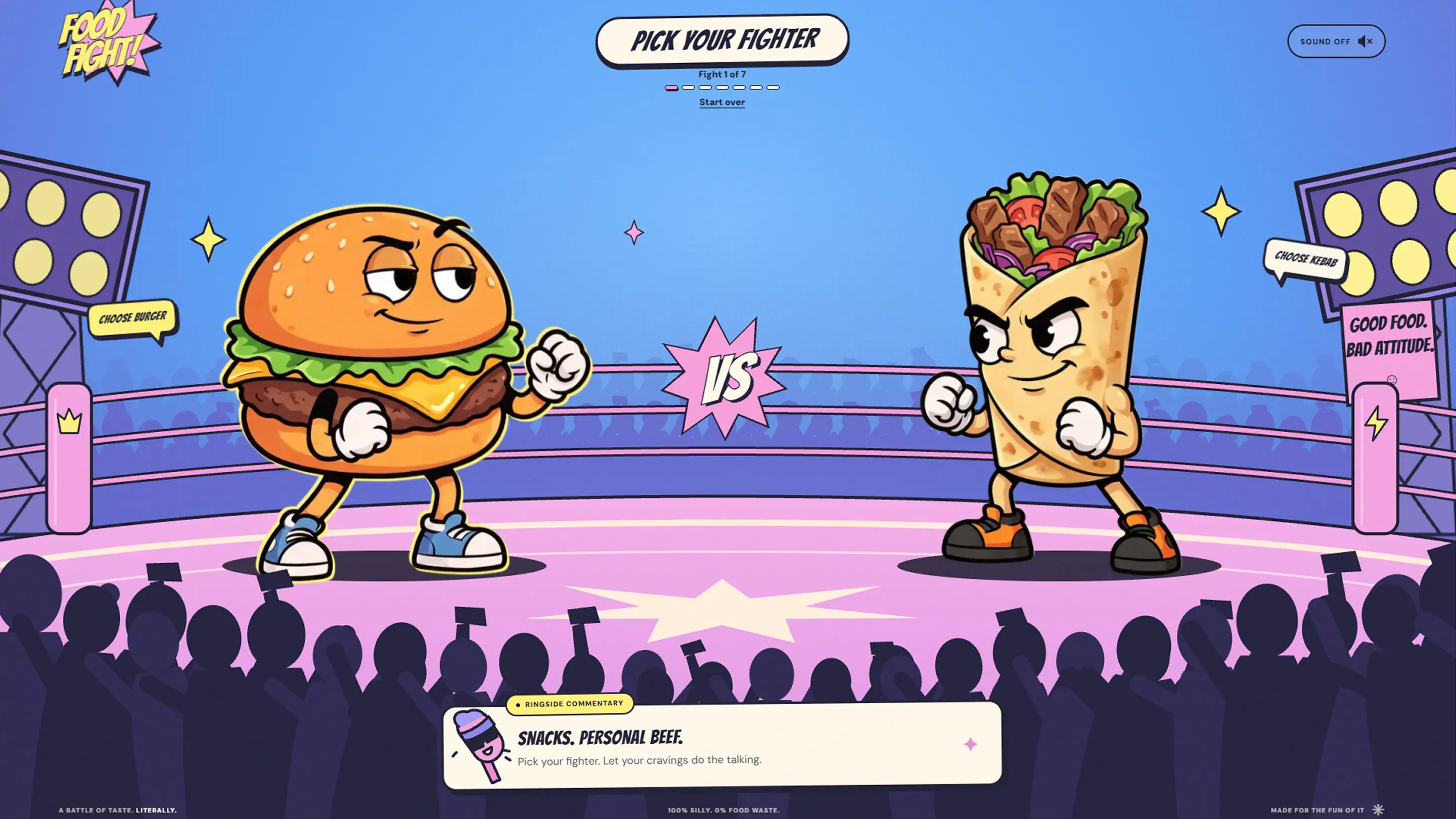 Fight 1 of 7: a kebab wrap and a cheesesteak face off, with ringside commentary below