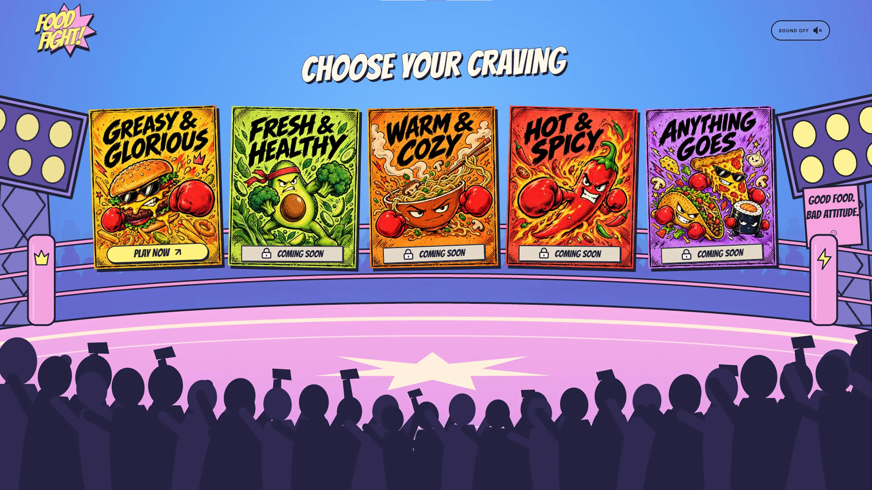 The Choose your craving screen with the poster-style category cards over the ring