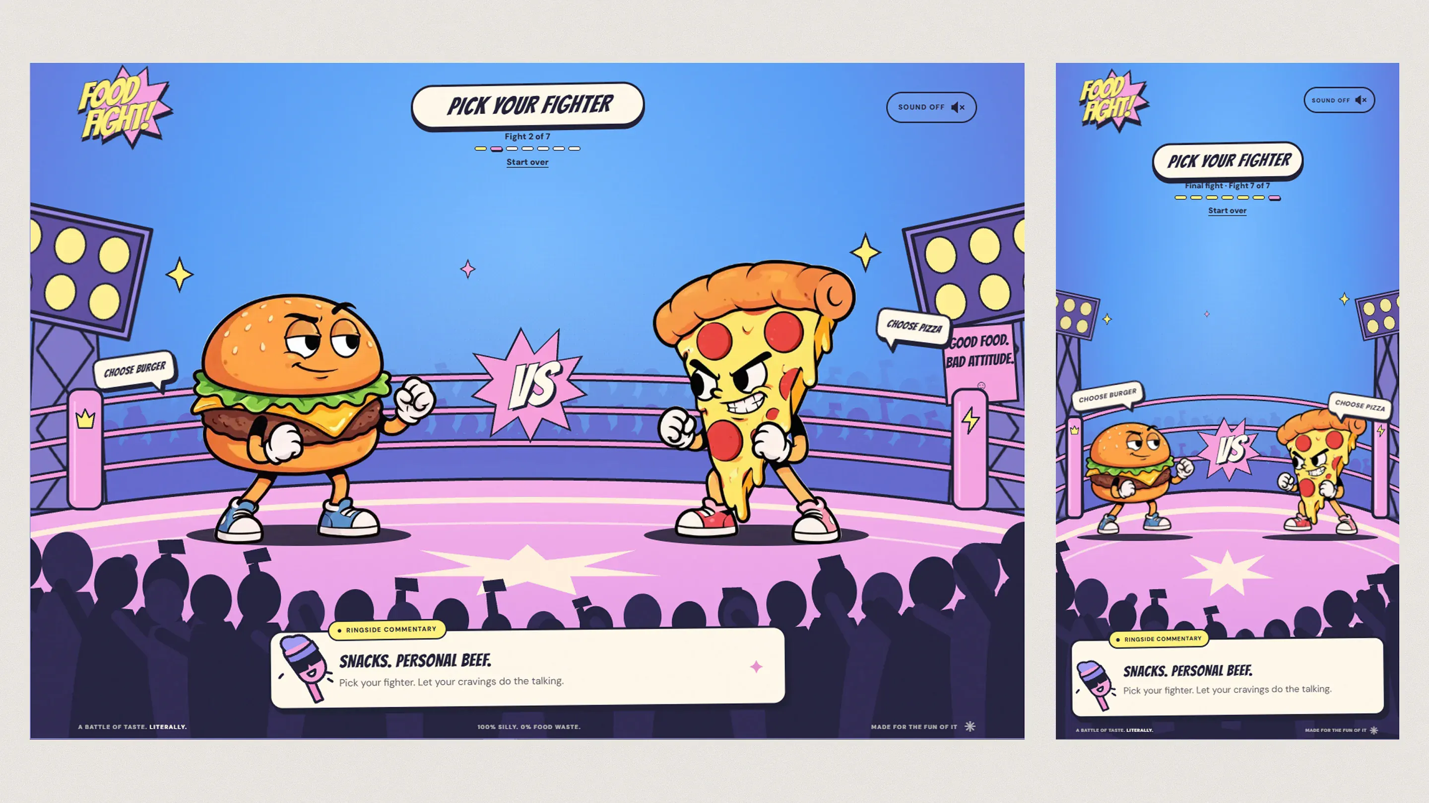 The same fight at 320px on mobile and at 1920px on desktop, side by side