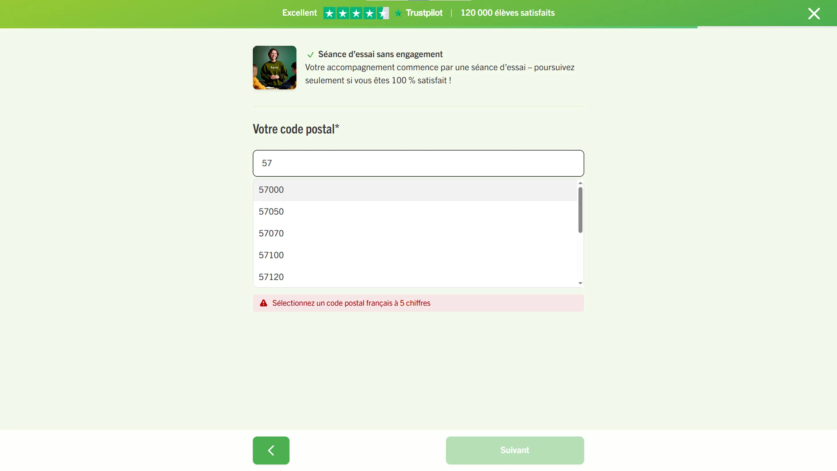 The postal-code dropdown open with suggestions, beside the error state for an invalid code