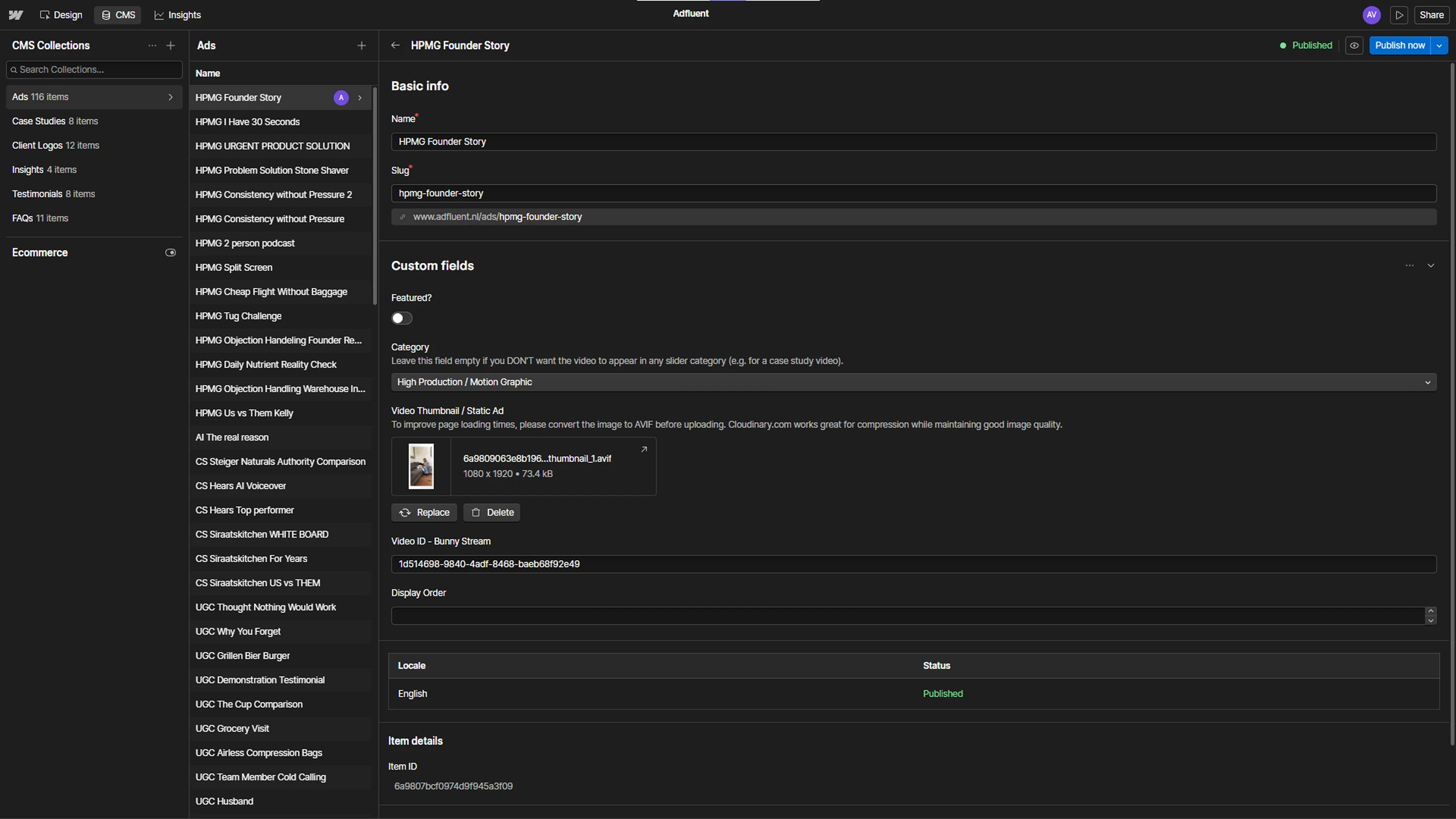 An Ads collection item open in the Webflow CMS, with the Bunny ID and format fields