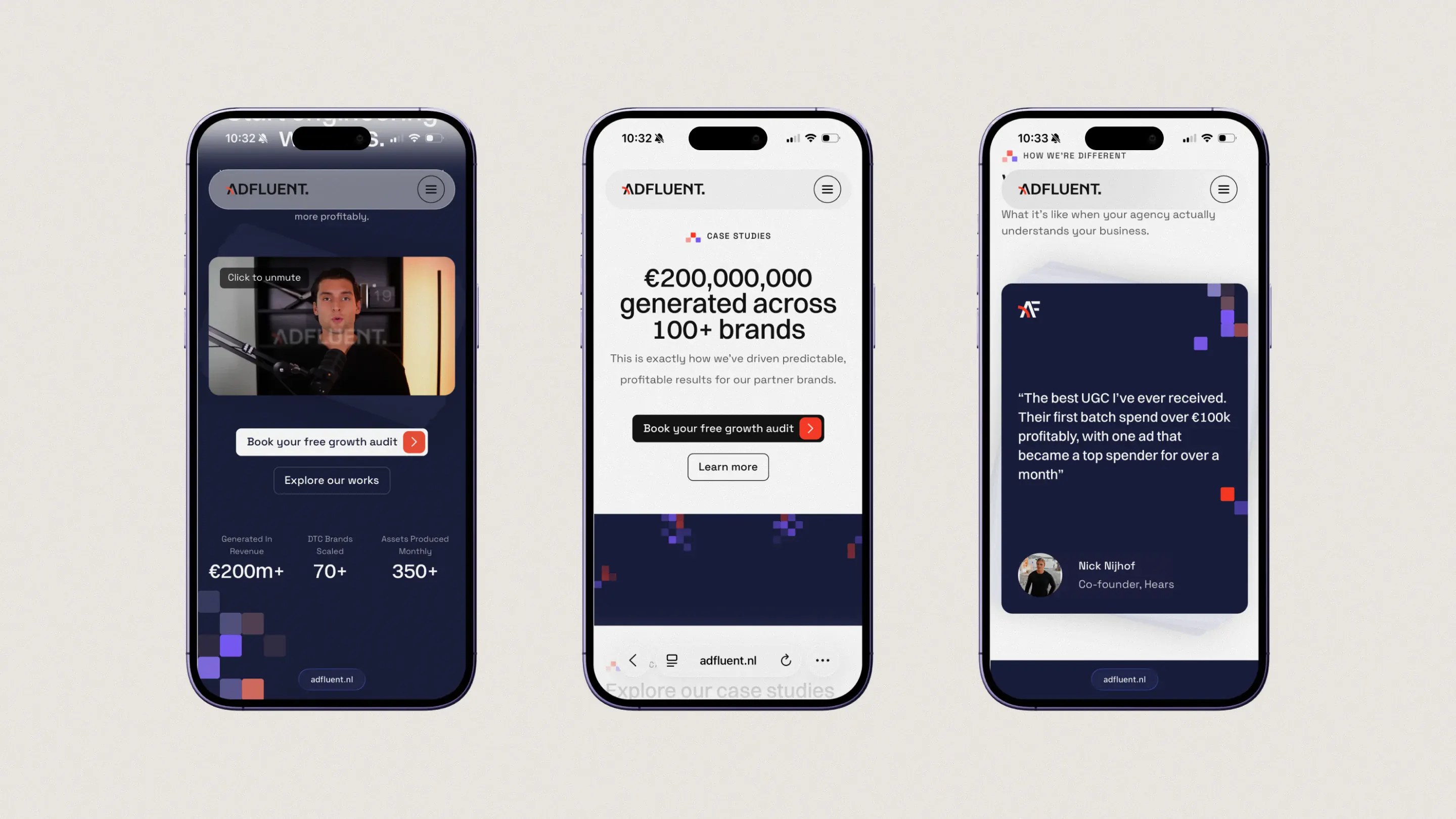 The mobile site with the animated SVG squares in the corners